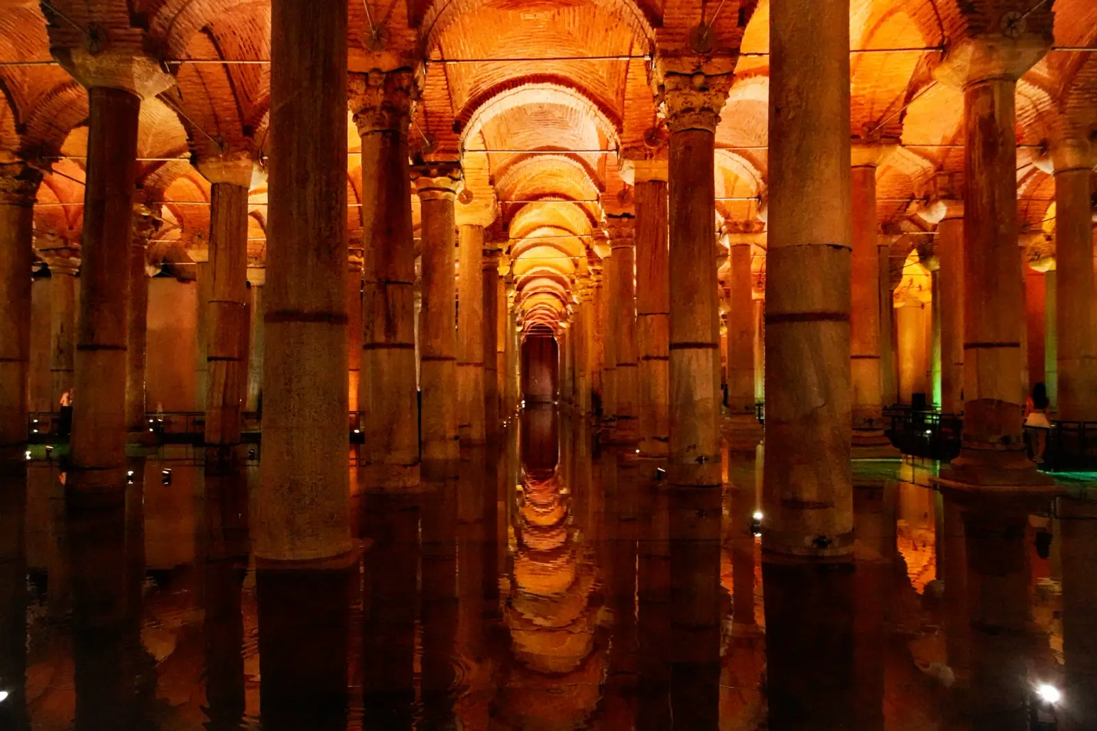 Forest of illuminated marble columns inside the Basilica Cistern