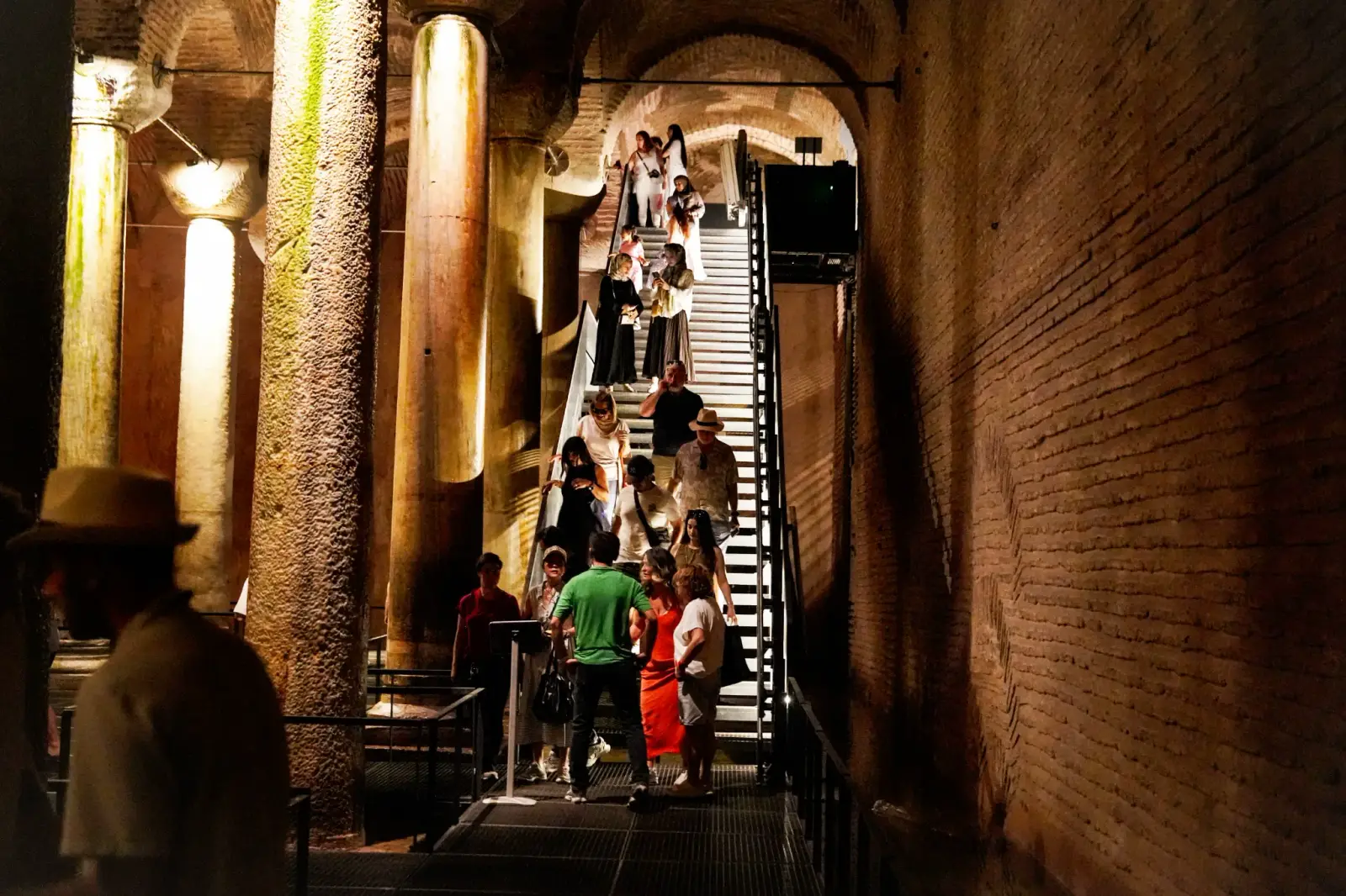 Stone staircase descent into the dimly lit underground Basilica Cistern